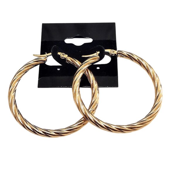 1 1/2" Gold Swirl Line Hoop Pierced Earrings 42mm Stainless Steel - Picture 2 of 3